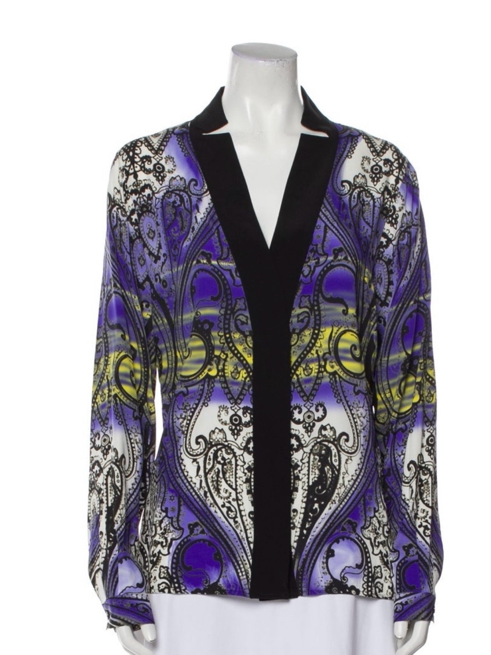 Womens Silk Purple Paisley Button Down Shirt with Black Trim
